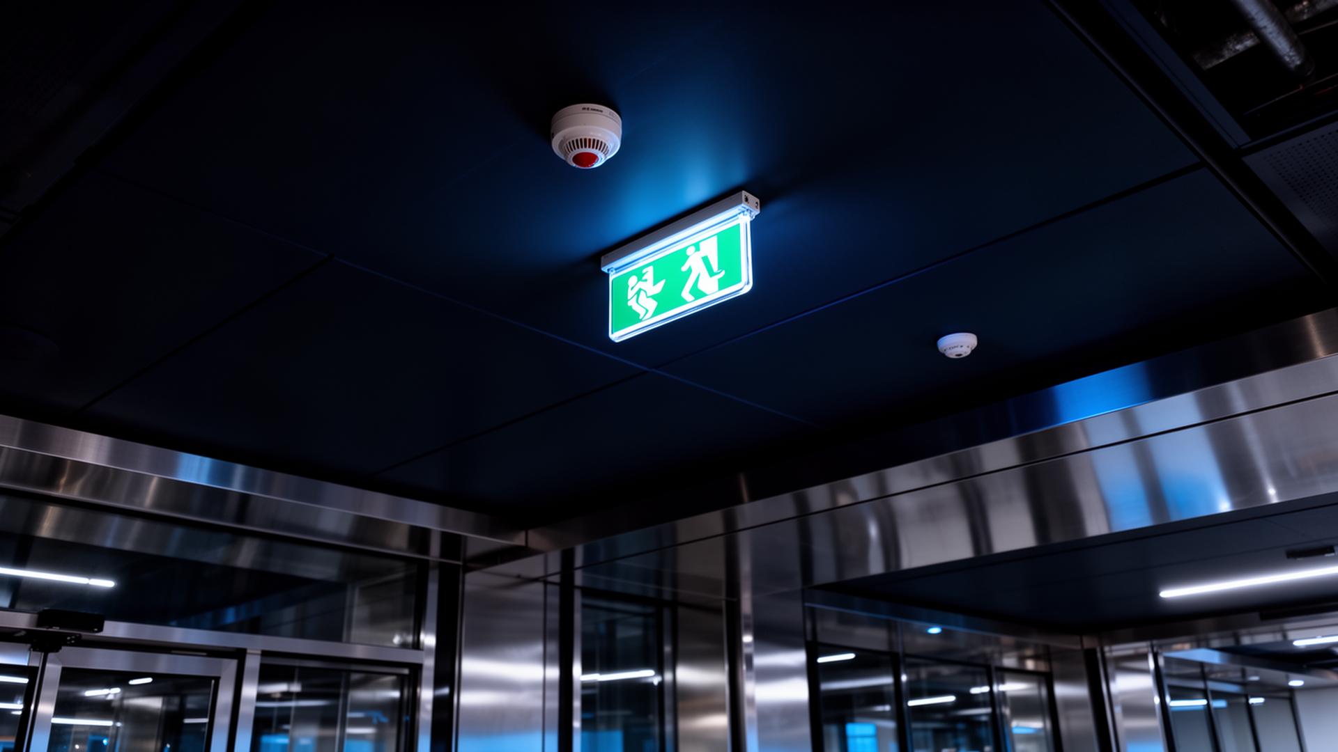 Modern commercial building with fire detection and emergency lighting